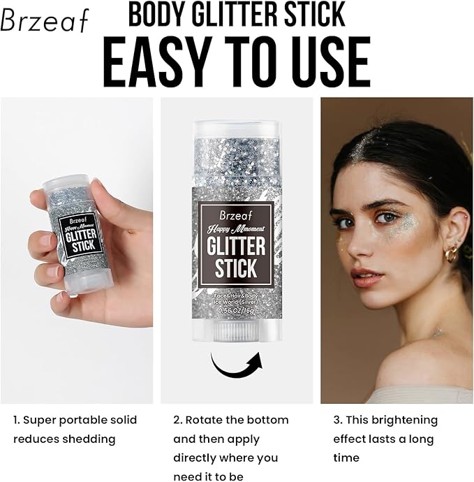Brzeaf Silvery Body Glitter Stick, Waterproof & Long Lasting, Hair Eyeshadow Face Body Glitter, Singer Concert Music Halloween Rave Festival, Glitter Stick Makeup & Face Glitter Gel