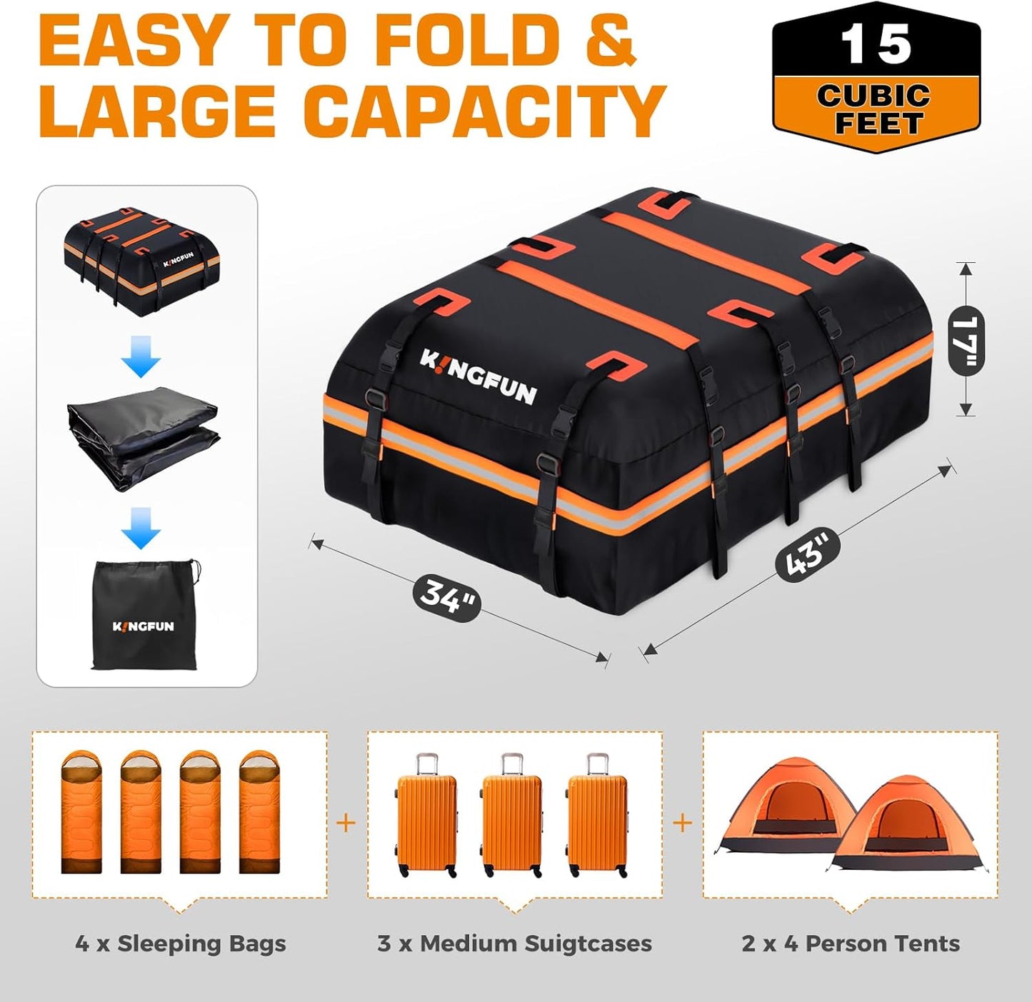 Kingfun Car Rooftop Cargo Carrier – Waterproof 15 Cubic Feet Car Roof Bag Fit All Vehicles with/Without Roof Racks, Includes Anti-Slip Mat, 8 Reinforced Straps & 6 Door Hooks, Luggage Locks
