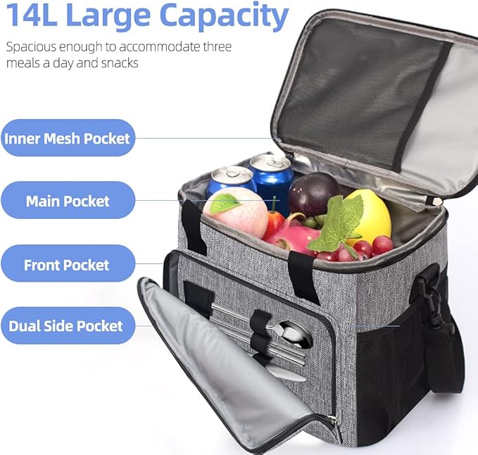 iknoe Thickened Lunch Bag - Soft Coolers Insulated, Leak Proof Tote with Zippered Top - Great for Work, Picnic, Beach - 18-Can Capacity, Grey