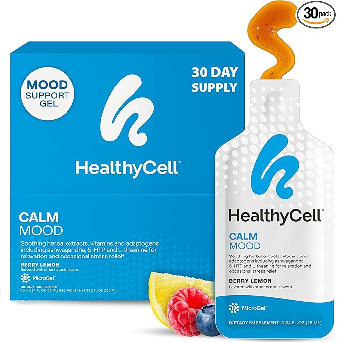 Healthycell Calm Mood Daily Liquid Supplement - Cortisol Manager & Mood Support Supplement for Stress with Ashwagandha, L-Theanine, Magnesium, 5-HTP, GABA & Saffron - 30 Gel Packs