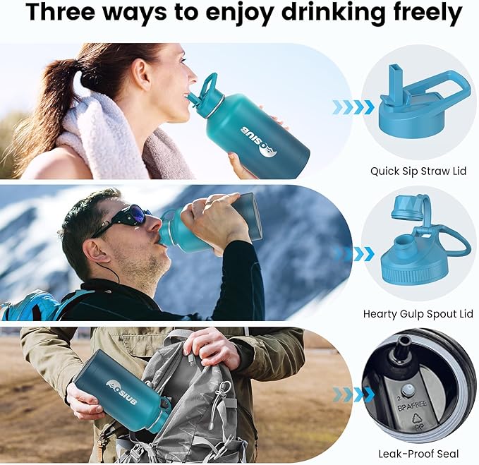 Insulated Water Bottle 128 oz, Triple Wall Vacuum Stainless Steel(Cold for 48 Hrs),Leak Proof & BPA-Free,One Gallon Water Bottle with Reflective Paracord & Flip Straw for Sports & Travel, CyanBlue