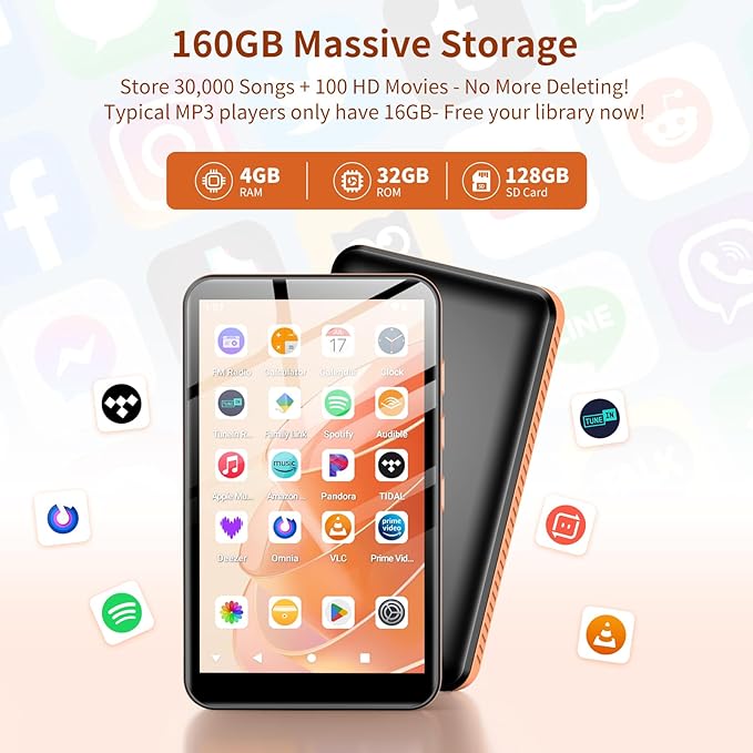 160GB MP3 Player with Bluetooth and WiFi, Android 13 MP3 & MP4 Player with 4" Touchscreen and Speaker, 4GB RAM & 32GB ROM, Spotify Music Player with Audible, FM Radio, Amazon Music, Play Store
