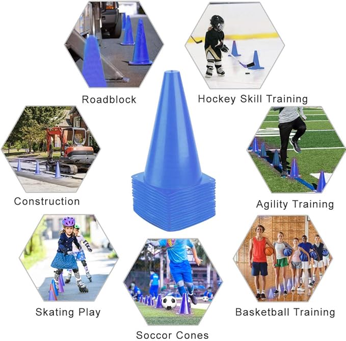 9 Inch Plastic Training Traffic Cones, Sport Cones, Agility Field Marker Cones for Soccer Basketball Football Drills Training, Outdoor Activity or Events - (Set of 10, 12, 15 or 24, 4 Colors)