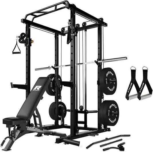 RitFit Multi-Function Squat Rack Power Cage PPC03 with Cable Crossover System, 1000LBS Capacity Power Rack and Packages with Optional Weight Bench, Barbell Weight Set, for Garage Workout & Home Gym