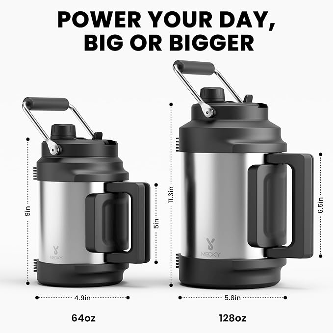 64 oz Insulated Water Bottle for Men: Meoky Triple Wall Vacuum Stainless Steel Half Gallon Water Jug - Top and Side Handles, 2-in-1 Straw and Spout Lid, Cold for 36 Hrs, Leak Proof for Sports (Silver)