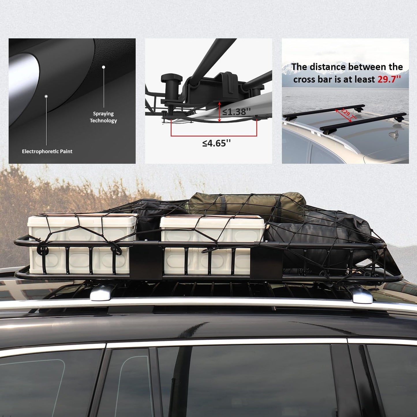 FORWODE Roof Rack Carrier Basket, 64" x 39" x 6" Rooftop Cargo Carrier with 250 lbs Capacity, Rust-Proof Steel Heavy Duty Car Top Luggage Basket with Waterproof Cargo Bag, Net and Straps