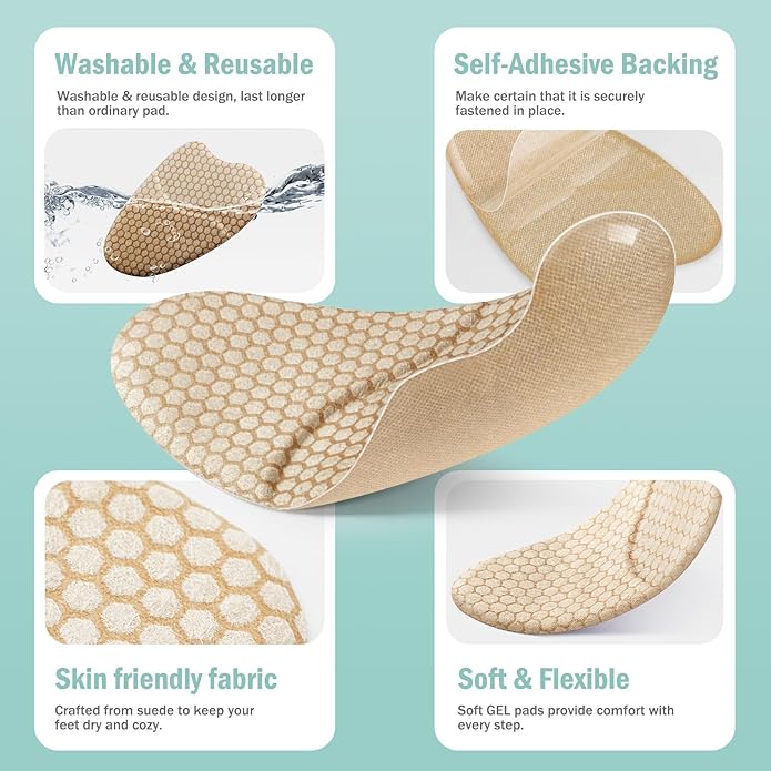 Metatarsal Pads for Women, Ball of Foot Cushions, Heel Inserts, High Heel Comfort Pads (2 Pairs), Anti Slip, Invisible Design