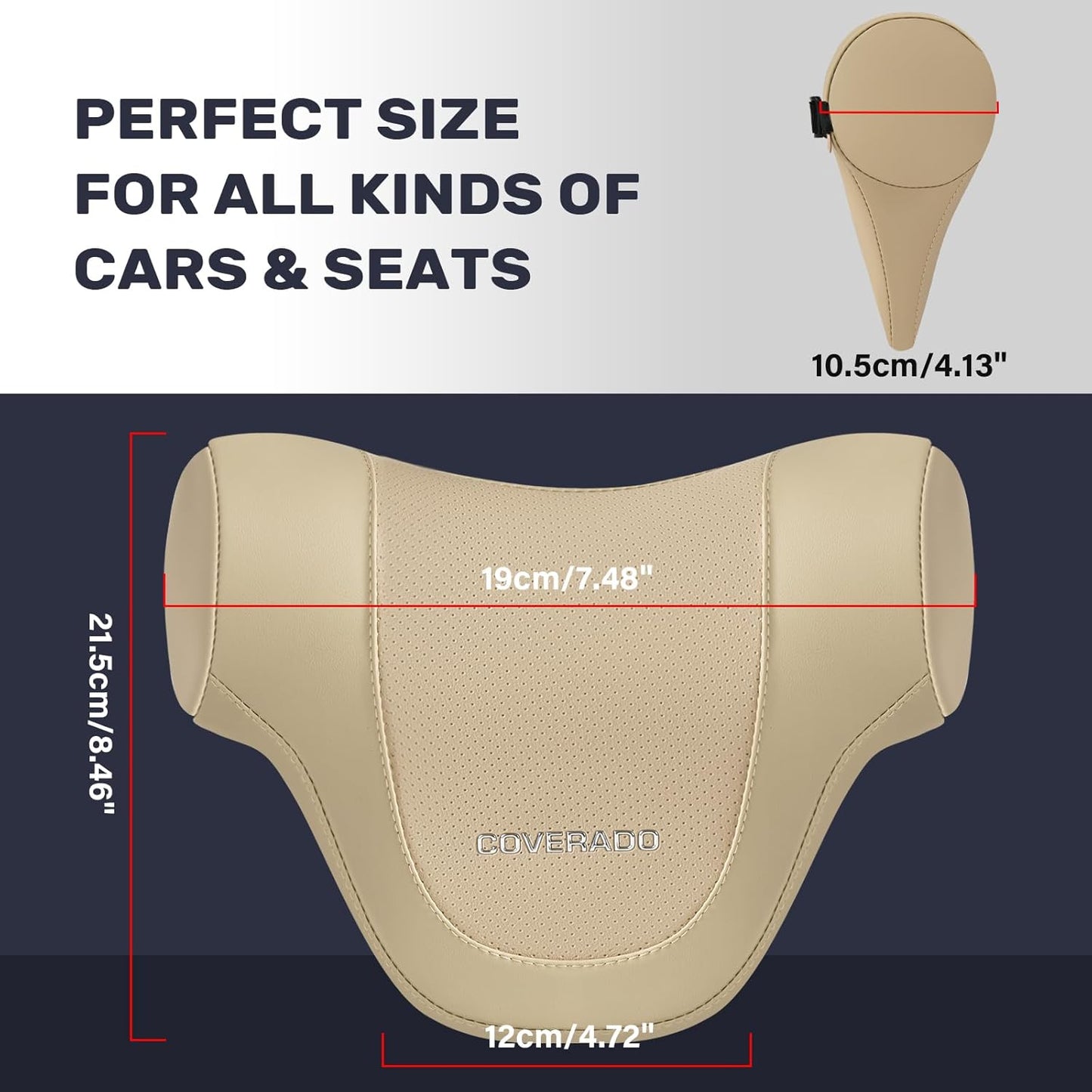 Coverado Car Headrest Pillow, Ergonomic Memory Foam Car Neck Pillow for Driving Seat with Adjustable Strap, Soft PU Leather Breathable Removable Cover Neck Support for Neck Pain Relief - Beige