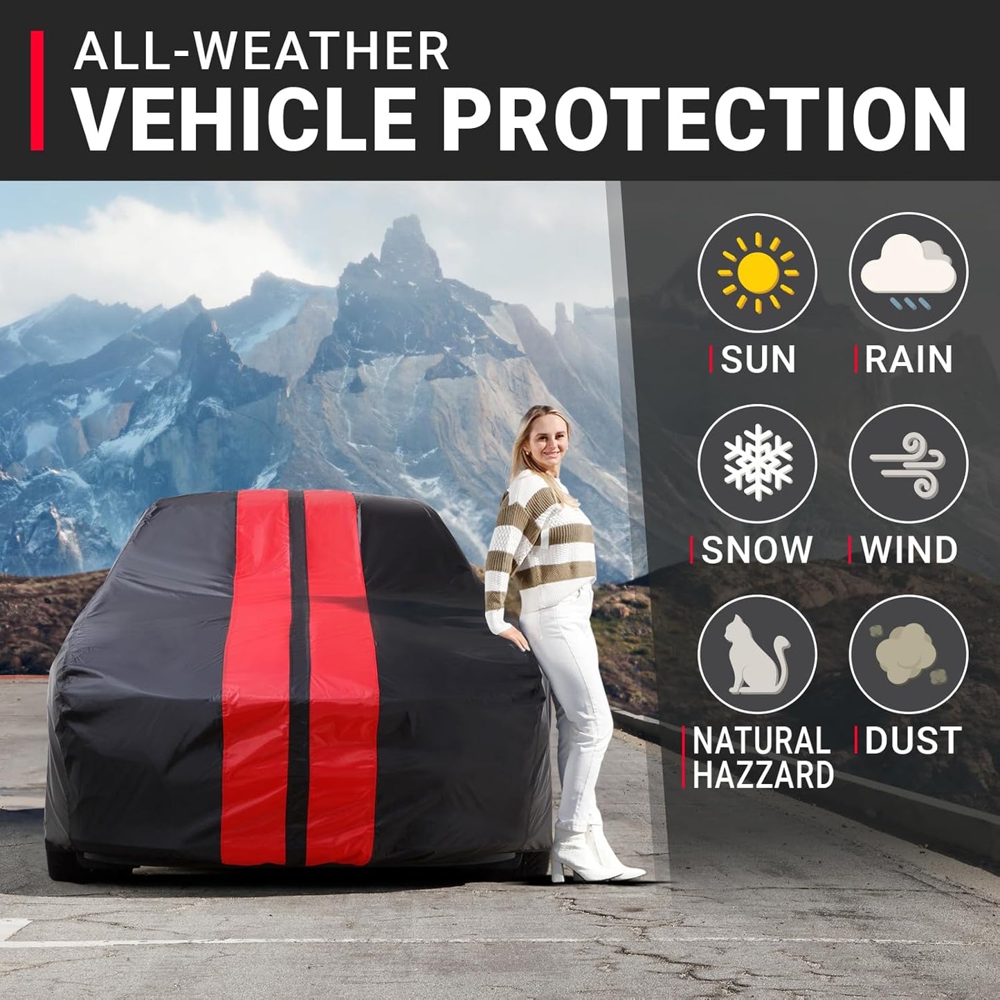 iCarCover Custom Car Cover for Buick Lesabre (1977-1985) Waterproof All-Weather Rain Snow UV Sun Protector Full Exterior Indoor Outdoor Car Cover (Stripe - Black/Red)