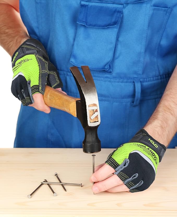 HANDLANDY Fingerless Work Gloves for Men and Women Utility Padded Half Finger Driving Working Gloves (XL, Green)