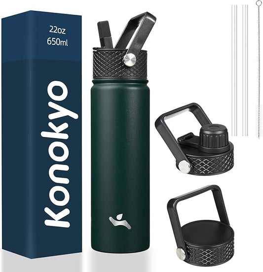 22oz Stainless Steel Bottles with 3 Lids Sport Insulated Water Bottle,Army Green