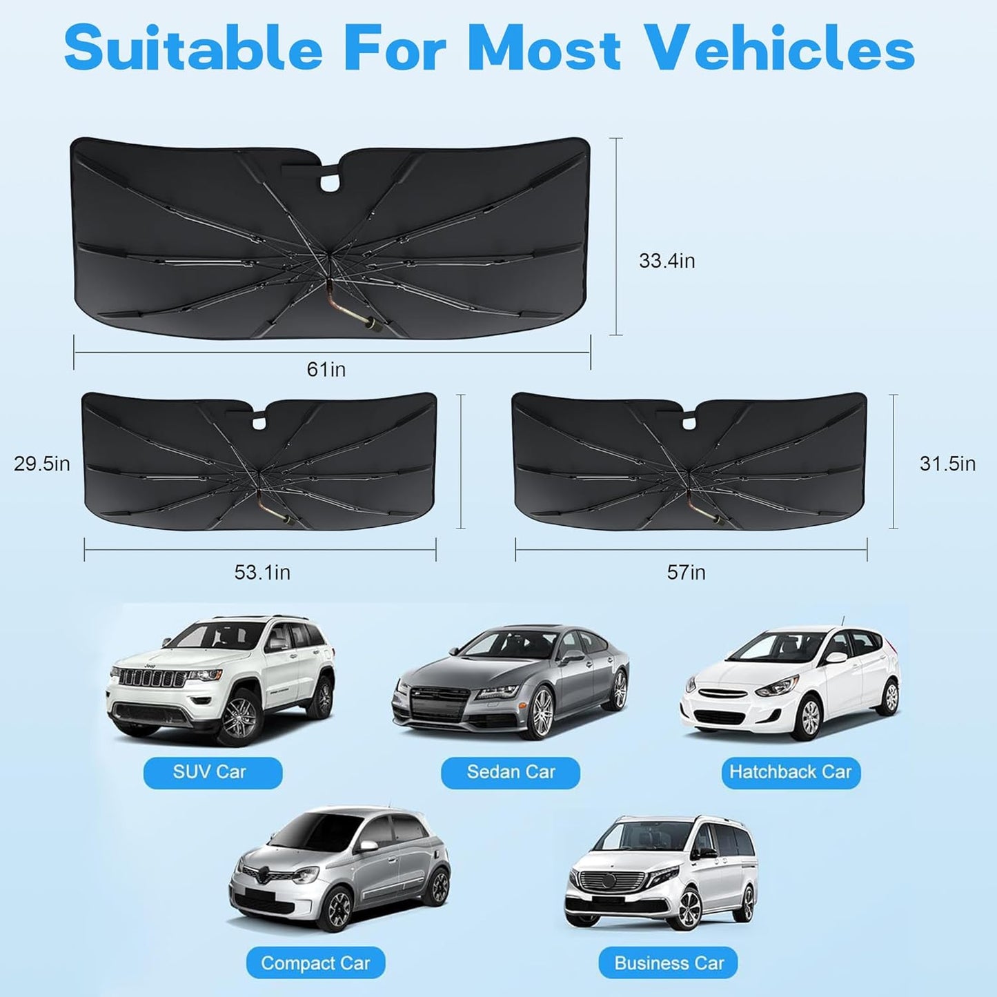 Windshield Sun Shade Umbrella, Portable Foldable, Spring Structure Wind Shield, Front Window Sunshade, Protect from Sun Rays Car Windshield, Universal for Any Car (57'' x 31.5'')