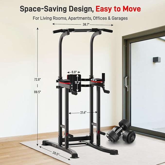 Outdoor Basic Power Tower Max Pull Up Bar and Dip Station - Heavy Duty 1600LBS Weight Capacity, Reinforced Steel Frame for Maximum Stability, Multi-Function Home Gym Equipment with Adjustable Height for Strength Training Fitness