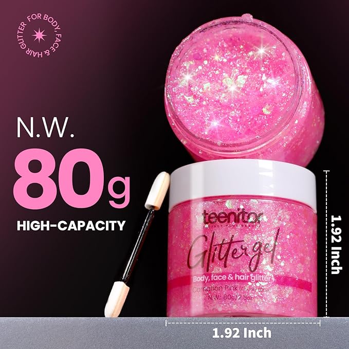 Teenitor Face Glitter, Pink Body Glitter Gel, Hair Glitter Gel, 80g/2.8oz Holographic Rave Glitter for Face and Body