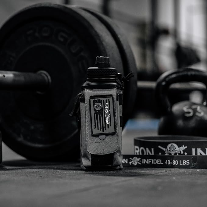 Iron Infidel Battle Bottle - 32 Oz Insulated Water Bottle with Straw Lid & Chug Cap, Stainless Steel Metal Tactical Flask with Rugged, Removable Sleeve for Keys & Phone or Wallet (Betsy Ross 1 Liter)