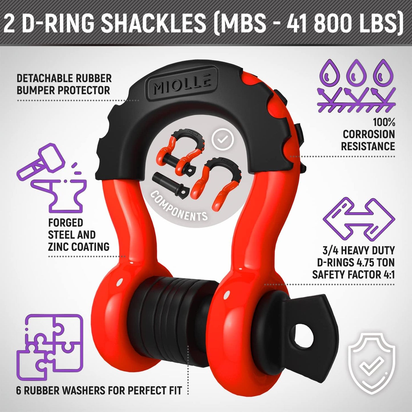 MiolleGear Kinetic Recovery Tow Ropes for Any Recovery Situation (Purple/Yellow, 3/4x20)