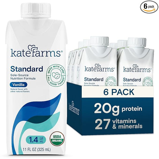 KATE FARMS Organic 1.4 High Calorie Nutrition Shake, Vanilla, 20g Protein, 27 Vitamins and Minerals, Meal Replacement, 11 oz (6 Pack)