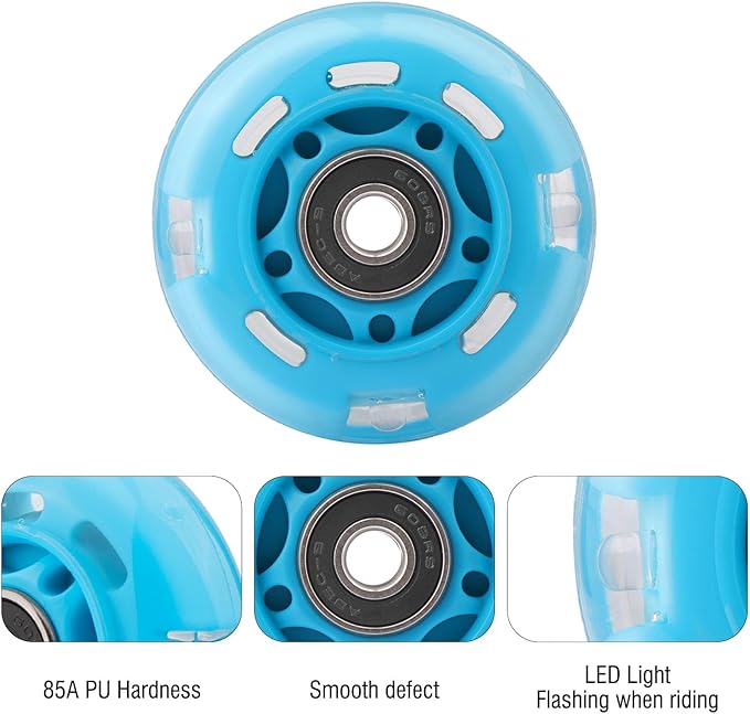 8pcs Inline Skate Wheels Led Light-Up Wheels 64/70/72/76/80mm w/Bushings 85-88A for Kids and Youth Beginners Children's Inline Skates Indoor/Outdoor Use (Blue, 70mm)