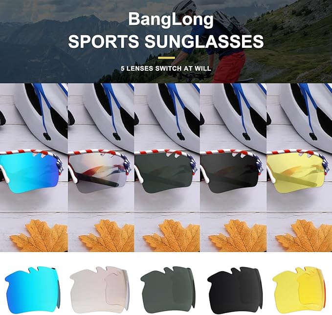 BangLong Polarized Sports Sunglasses Cycling Sun Glasses for Men Women with 5 Interchangeable Lenes for Running Baseball Golf