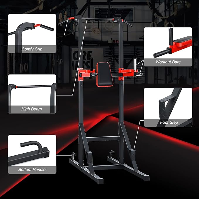 GYMAX Multi-function Power Tower, Heavy-duty Pull Up Bar Stand for Pull-ups, Push-ups, Vertical Knee, Leg Raises, Dip Stand, Strength Training, Workout Dip Station for Home, Gym, Fitness Equipment