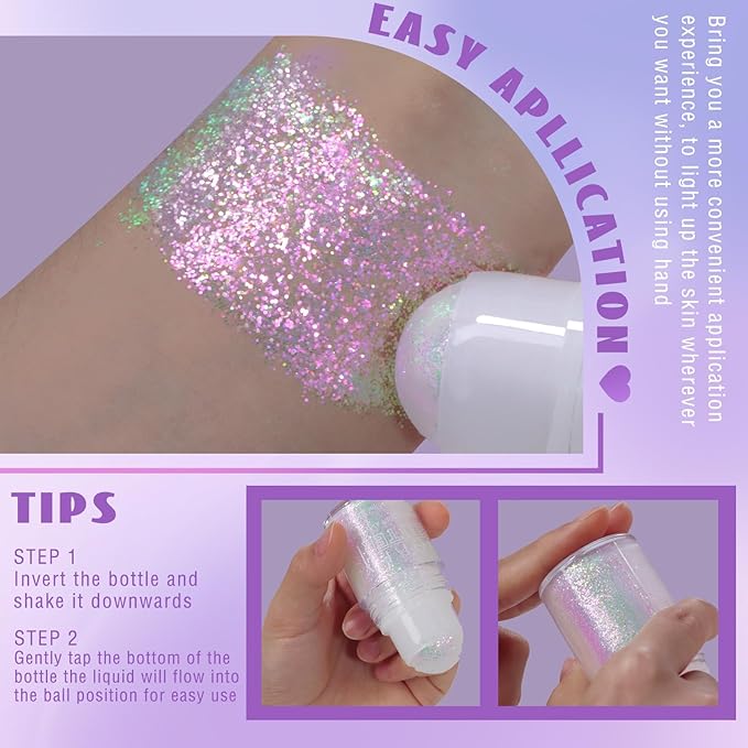 Roll-on Holographic Body Glitter Gel for Face Hair, Chameleon Color Changing Glitter Gel Under Light, Chunky Mermaid Sequins Festival Party Rave Accessories Shimmer Makeup (8# Sparkling Pink)