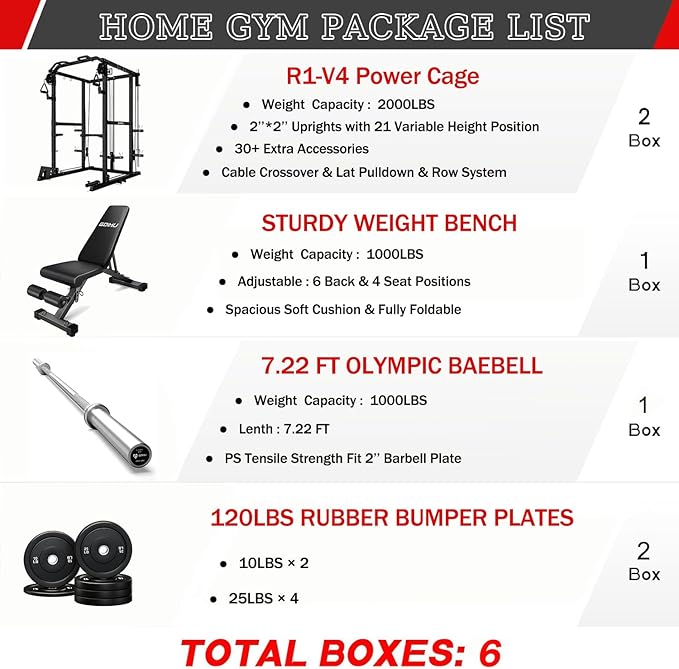 R1-V4 Power Cage Rack, 2000LB Squat Rack with Cable Crossover System, Multi-Function Weight Cage, Home Gym Workout Machine with More Training Attachments