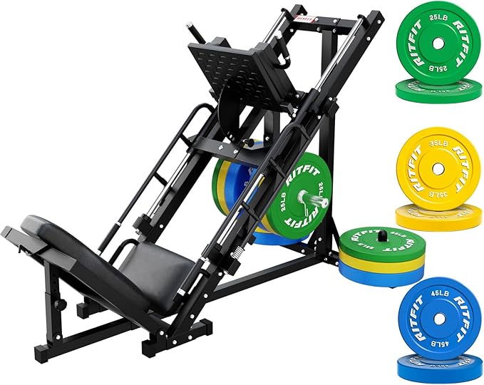 RitFit Adjustable Leg Press and Hack Squat Machine with Weight Plate Set, Professional Home Gym Equipment with Linear Bearings, Specialized for Complete Lower Body Workouts and Weight Storage Posts
