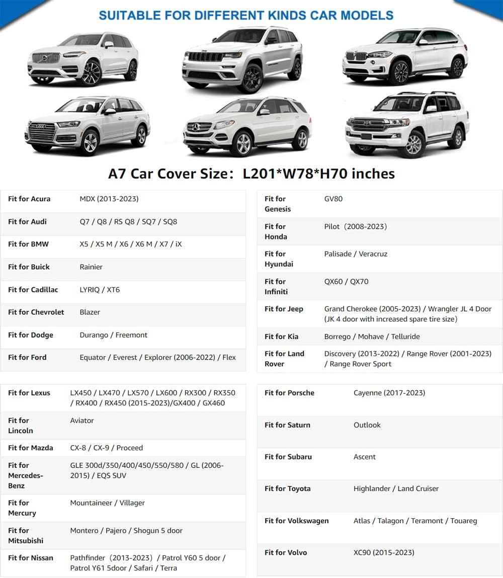 KouKou 6 Layers SUV Car Cover Waterproof All Weather, Universal Fit Jeep Grand Cherokee,Honda Pilot, Lexus RX350, Jeep etc, Outdoor Full Exterior Jeep Covers with Zipper Door. (190 to 201 inches)