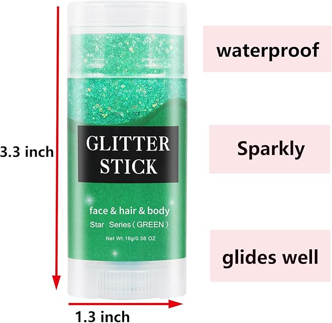 MEICOLY Green Face Glitter Stick,St Patricks Day Accessories,Irish St Patricks Day Outfit for Women,Face Body Hair Glitter for Women Kids,Rave Festival Mermaid Chunky Green Makeup for Mardi Gras