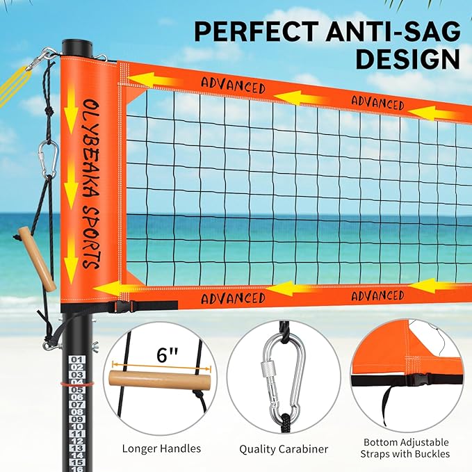 Outdoor Professional Volleyball Net Set for Backyard Beach with Heavy Duty Adjustable Aluminum Poles, Upgraded Anti-sag Net, PU Volleyball and Pump, Boundary Line, Large Carry Bag