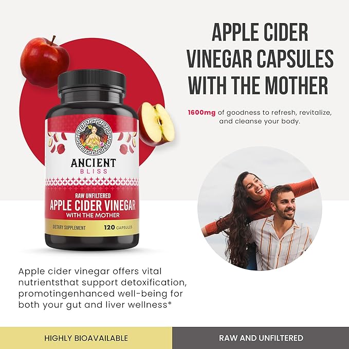 Ancient Bliss Apple Cider Vinegar Organic Capsules with The Mother, Helps Improve Digestion, Unfiltered Vinegar Capsules, 1600MG (120 Capsules)