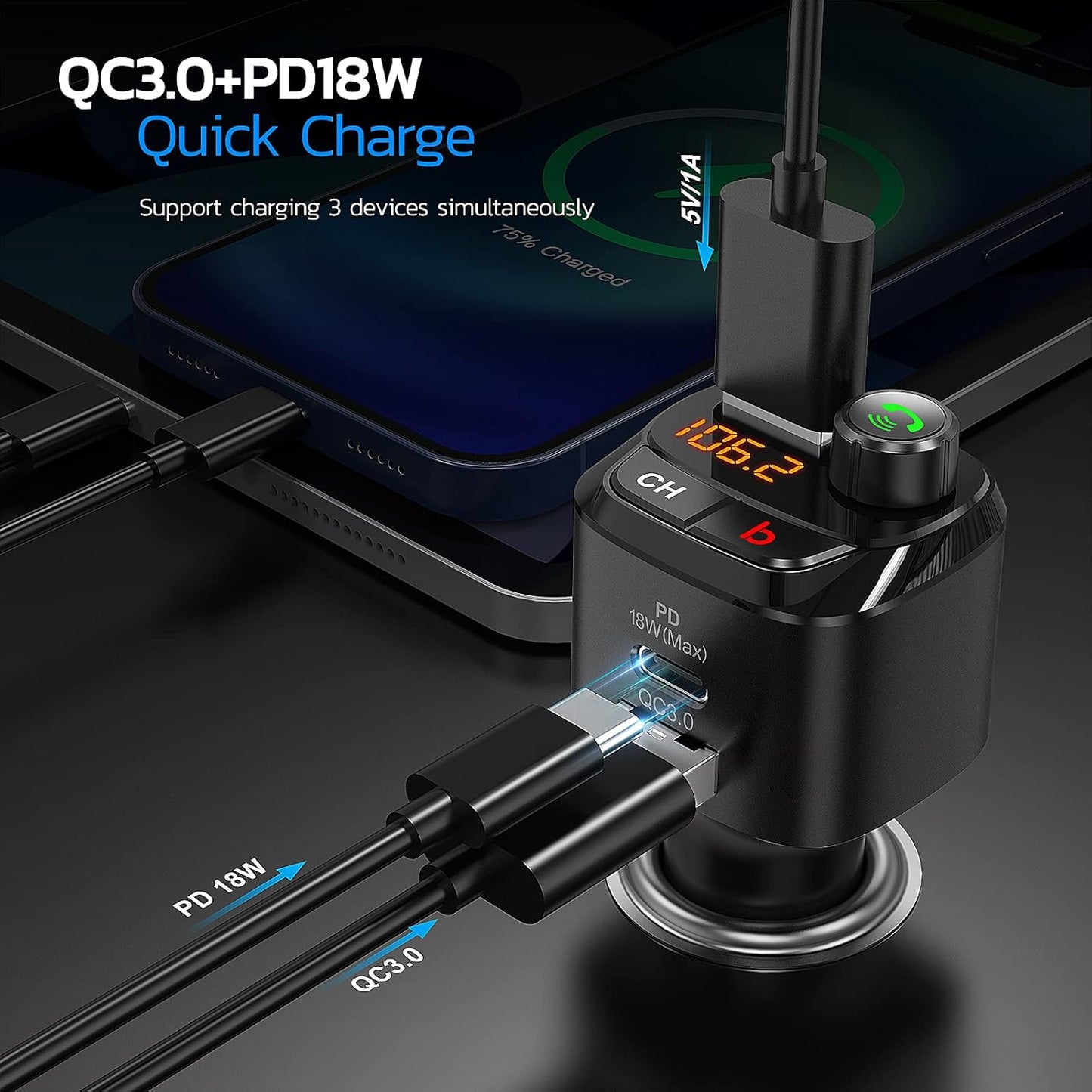 Nulaxy Bluetooth 5.0 FM Transmitter for Car, QC3.0 & USB-C PD 18W Wireless Bluetooth Radio Adapter Music Player Car Kit with Bass Booster, Hands-Free Calls-NX12