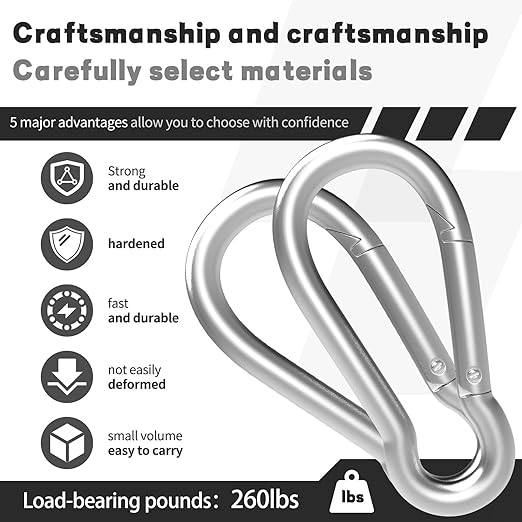 50PCS M6 Spring Snap Hook Carabiner, Heavy Duty Galvanized Steel Carabiner Clip, 260LBS Holding Capacity Spring Clips for Hammock Swing Outdoor Travel