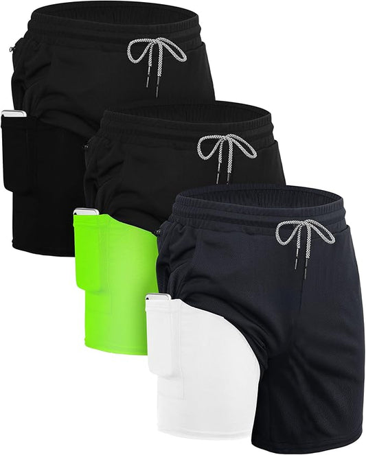 Sureio 3 Pcs Men's 2 in 1 Running Shorts 7 Inch Quick Dry Athletic Workout Shorts with Liner Phone Pockets Towel Loop