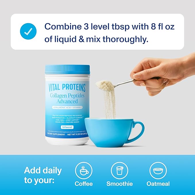 Vital Proteins Collagen Peptides Powder Advanced with Hyaluronic Acid & Vitamin C, Collagen Supplements, Unflavored, 13 Servings