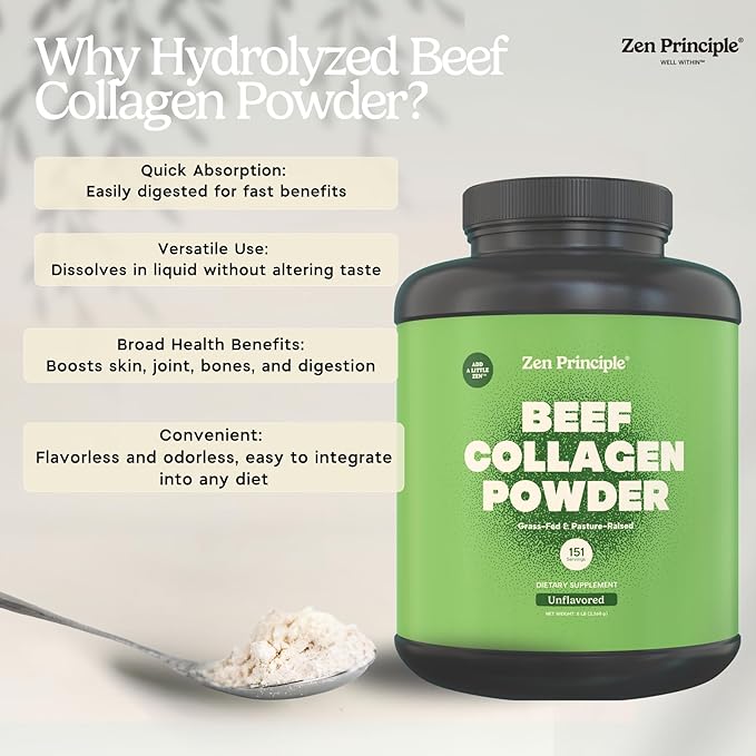 Zen Principle Grass-Fed Agglomerated Collagen Peptides 5 lb. Anti-Aging Hydrolyzed Protein Powder for Healthy Hair, Skin & Joints. Paleo and Keto Friendly, GMO and Gluten Free, Pasture-Raised Bovine.