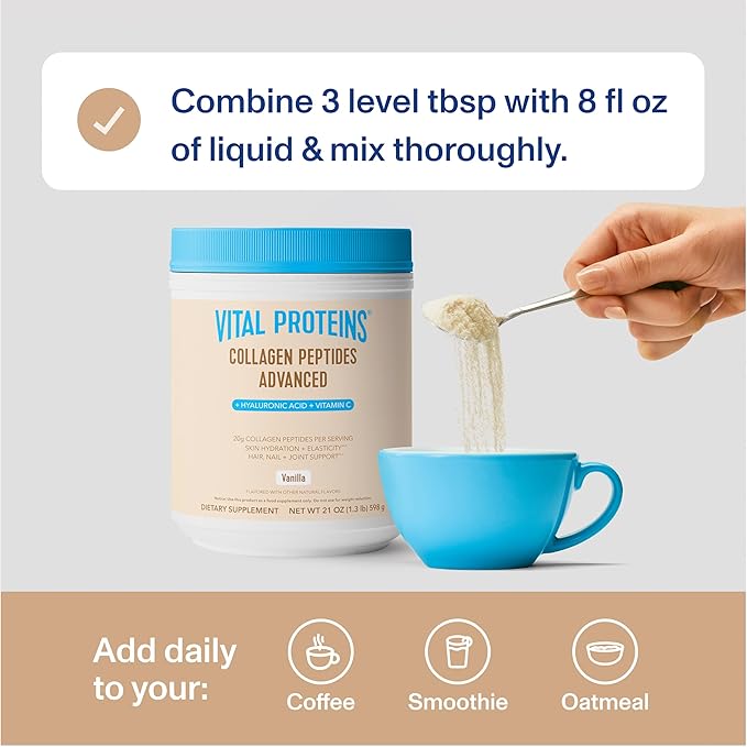 Vital Proteins Collagen Peptides Advanced, Hydrolyzed Peptides with Hyaluronic Acid and Vitamin C - Vanilla Flavor Powder, 21oz