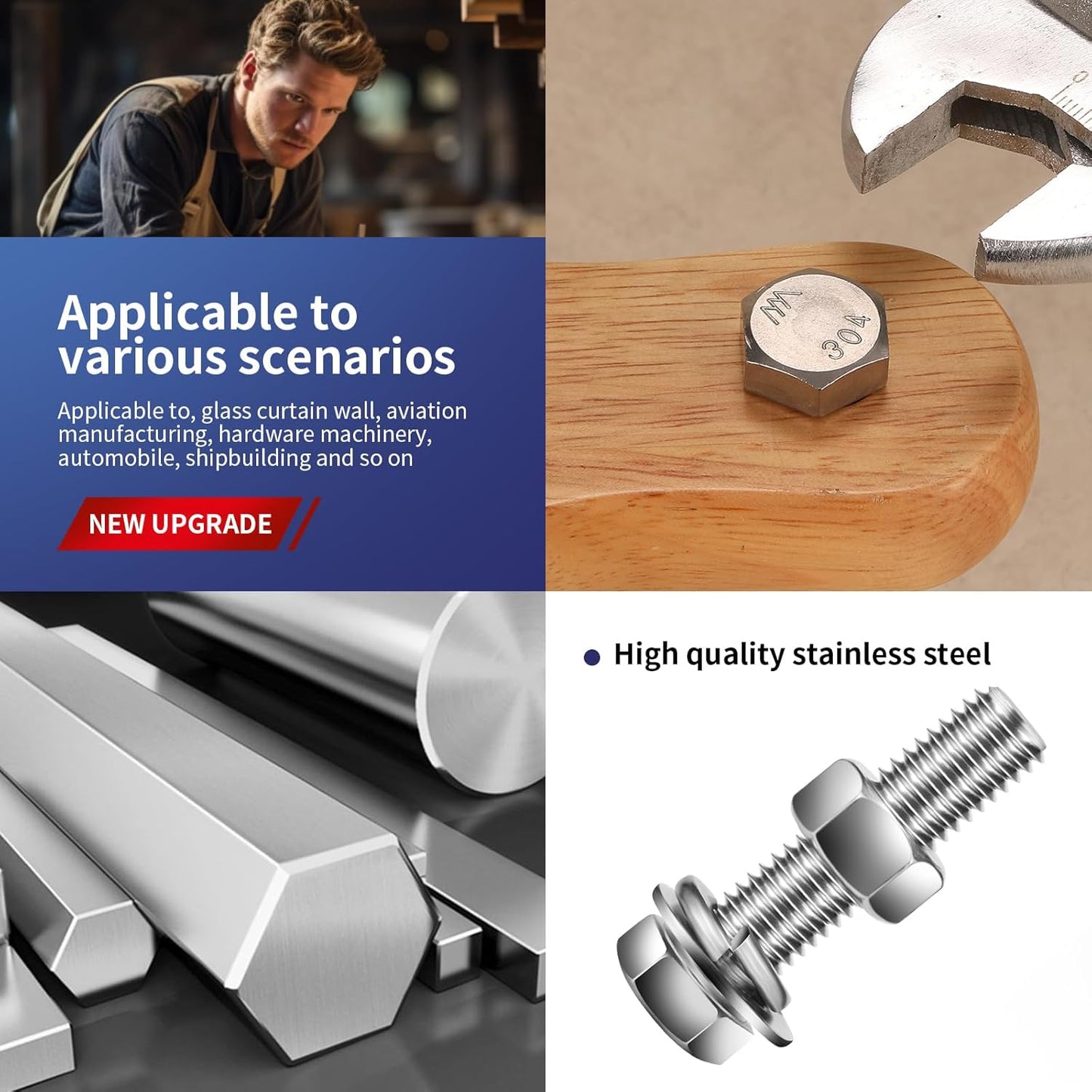 3/8-16 x 6" Hex Head Screw Bolt, Nuts, Flat & Lock Washers, 10Pcs 18-8 (304) Stainless Steel, Fully Threaded, by SG TZH