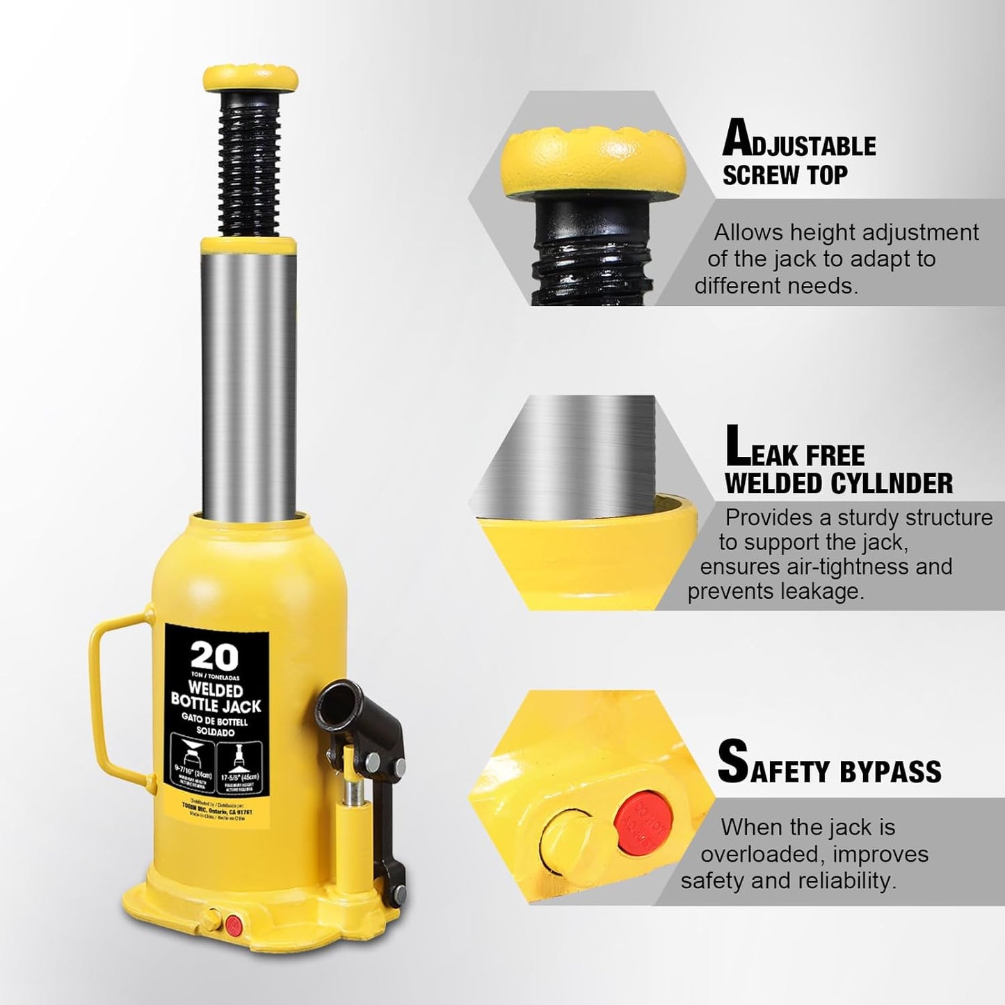 YELLOW JACKET 20 Ton Bottle Jack All Welded Hydraulic Jack with 2-Section Long Handle, for Car, Pickup Truck, Truck, RV, Auto Repair, Industrial Engineering