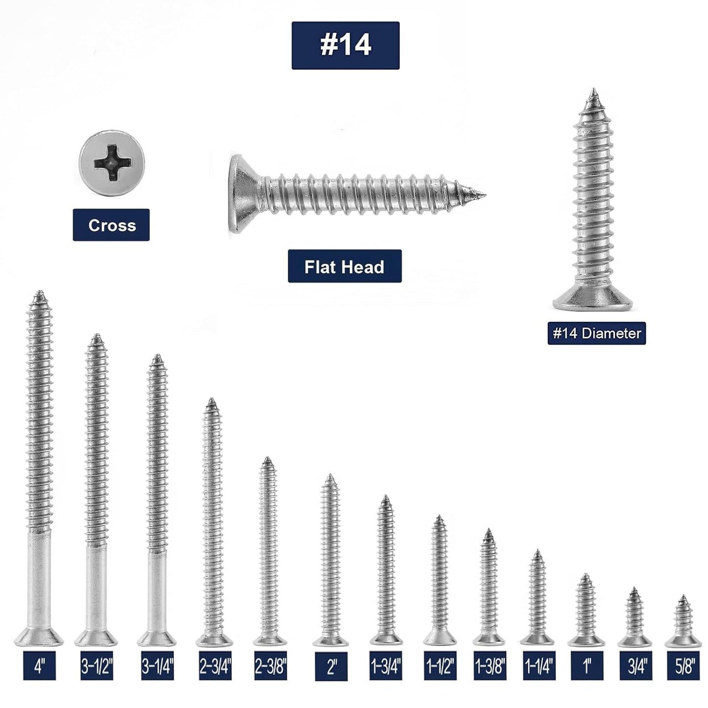 #14 x 1-1/4" Wood Screw 100Pcs 18-8 (304) Stainless Steel Screws Flat Head Phillips Fast Self Tapping Drywall Screws by SG TZH