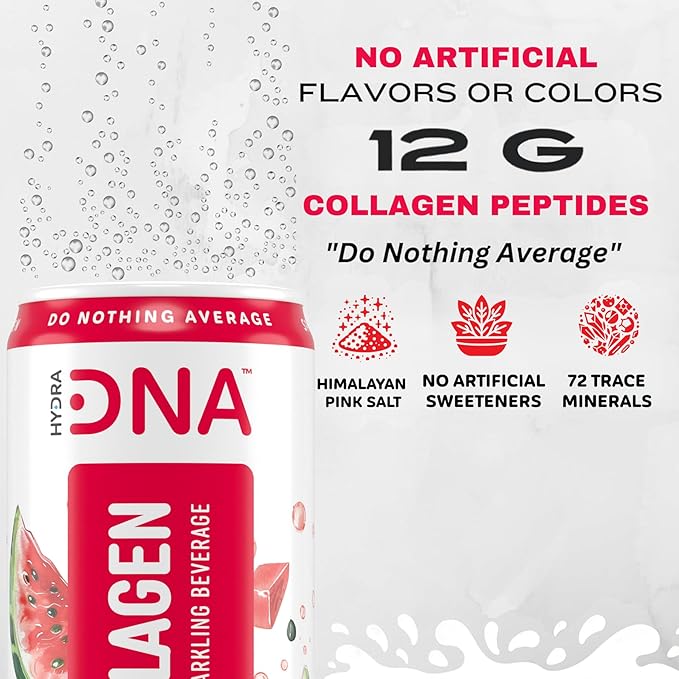 HYDRADNA- Sparkling Liquid Collagen Protein Water Drink Balanced Nutrients for Wellness - Sugar-Free - Keto-Friendly - No Gluten (12 Pack) Watermelon