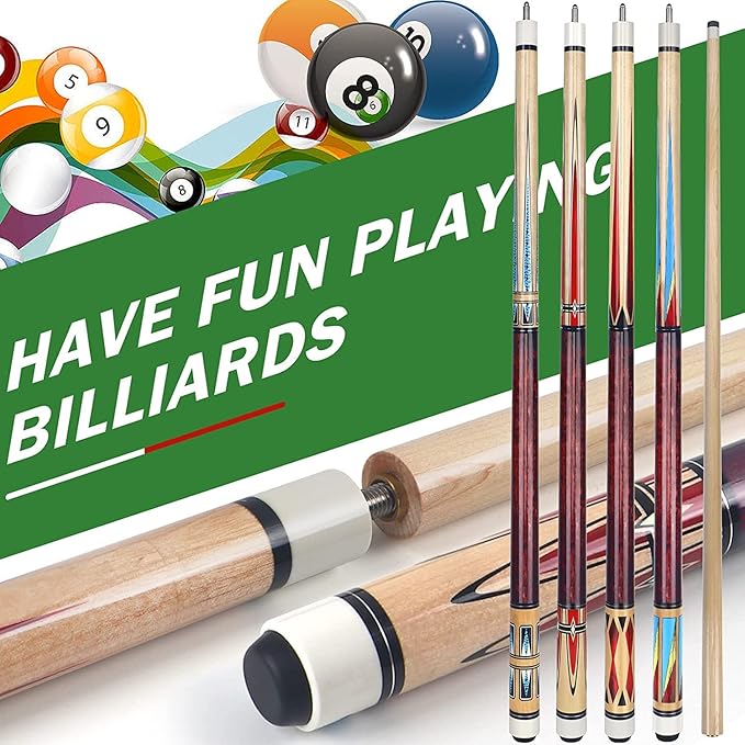 AKLOT Pool Cues,Set of 4 Pool 58" Cue Sticks Canadian Maple Wood Cue Stick for Professional Billiard Players 18 19 20 21 oz