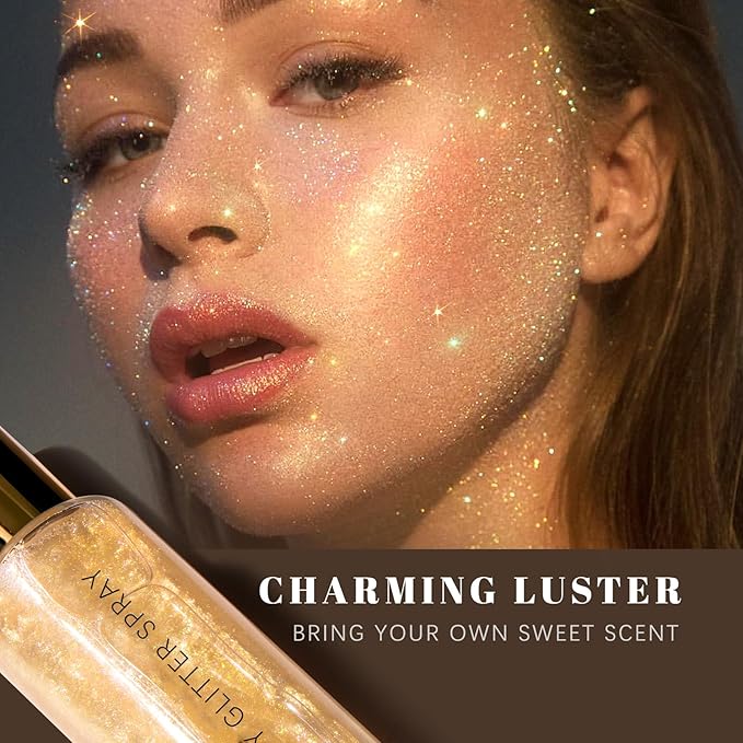 Body Glitter Spray, Moisturizing Bronze Body Shimmer Luminizer Glow Illuminator Quick-Drying and Non-Sticky Liquid Highlighter Spray for Face Hair Glitter, 60ML -Gold