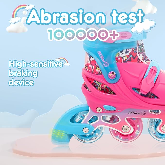 Pink Graffiti Light up Inline Skates for Girls, 4 Size Adjustable Roller Shoes with Full Illuminating Wheels for Kids, Blades Roller Skates for Beginner Teens Youth & Adult Women