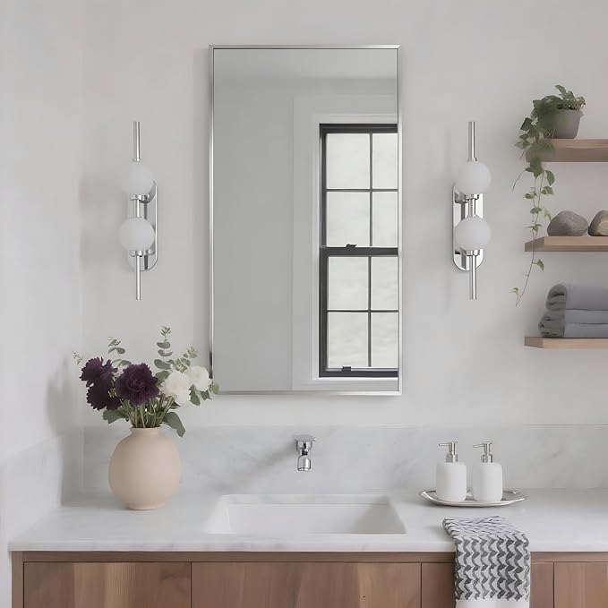 20x36 Inch Nickel Bathroom Mirror for Wall, Aluminum Frame Rectangle Rectangular Vanity Mirror, Modern Large for Bedroom, Living Room, Horizontal or Vertical