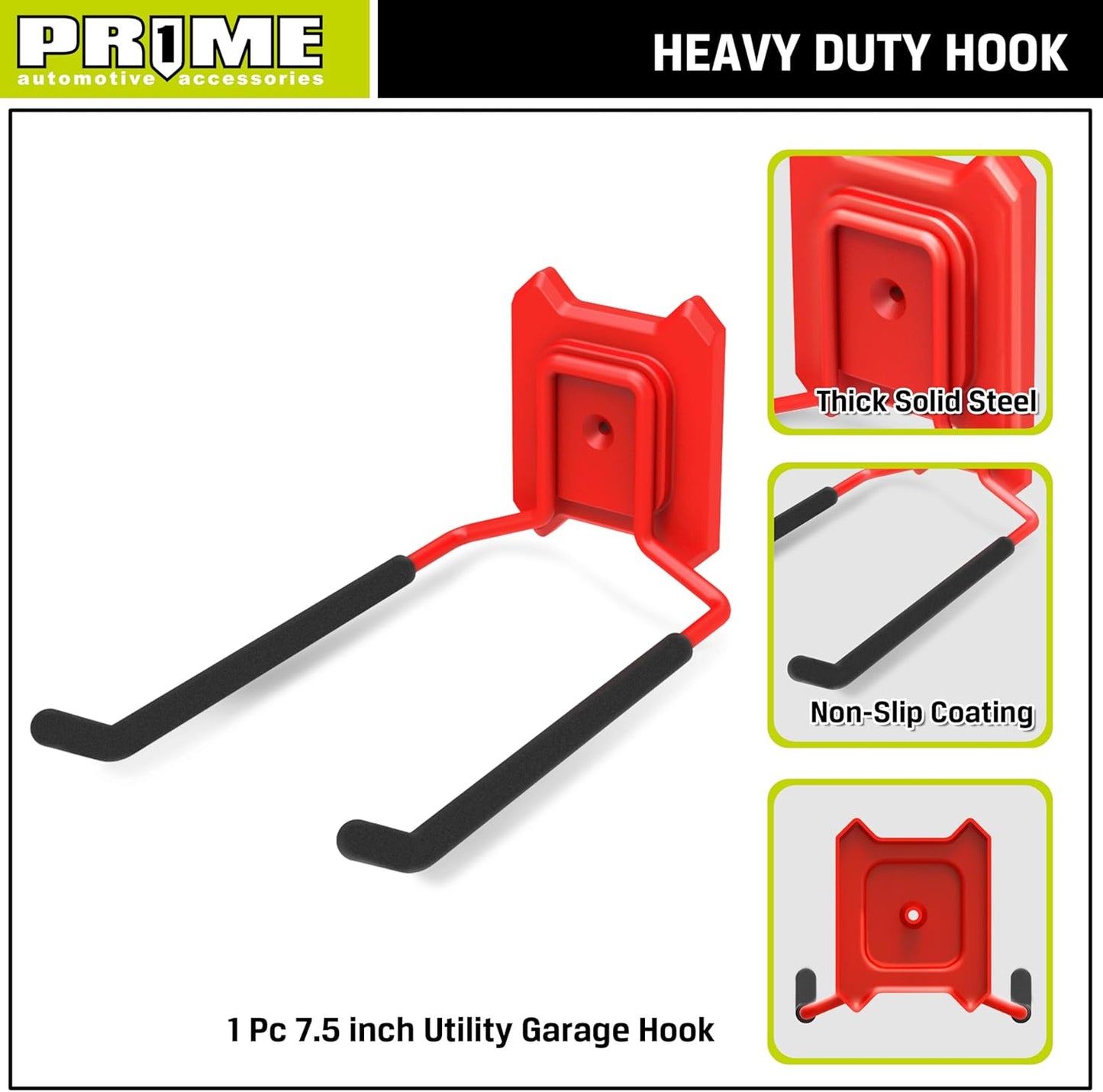 Prime 1 PR1ME Heavy Duty Wall Mount Hook, 7.5 inch Utility Wall Storage Hook - Garage Storage Organization Tool Hanger for Bike, Ladder, Yard Tools