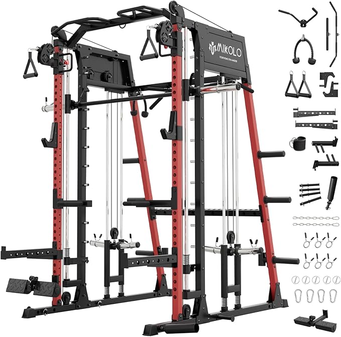 Mikolo Smith Machine, 2200lbs Squat Rack with LAT-Pull Down System & Cable Crossover Machine, Training Equipment with Leg Hold-Down Attachment