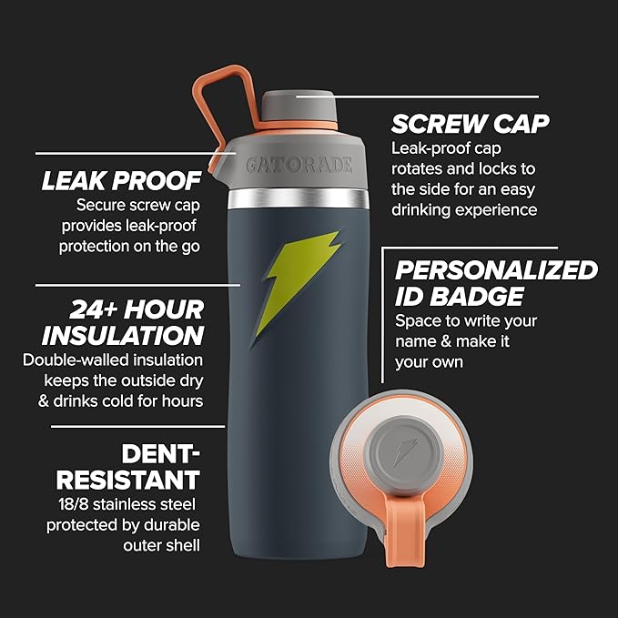 Gatorade 'Overtime' 22oz Stainless Steel Water Bottle, Twist Cap, Grey/Neon Yellow