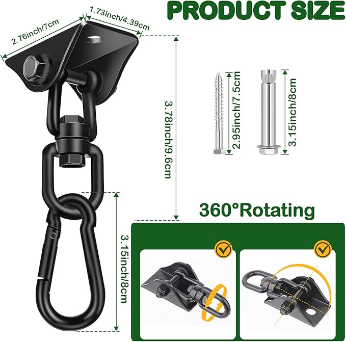 Hammock Hanging Kit, Porch Swing Hanging Kit 1200 Lb Capacity, Hammock Ceiling Hooks Heavy Duty 360°Rotating Hanging Swing Chair Hardware for Hammock Chair Stand, Porch, Yoga, Gym