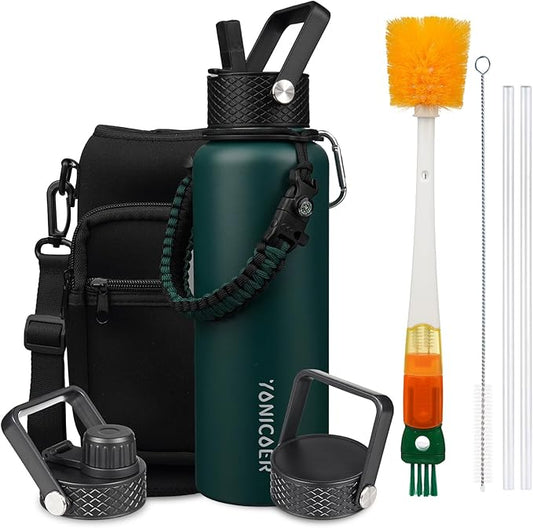 Insulated Water Bottle 64oz,Triple Wall Vacuum Stainless Steel(Dishwasher Safe),Leak Proof & Non-BPA,Flask Jug with Paracord Handle & Straw Spout Lids Sports